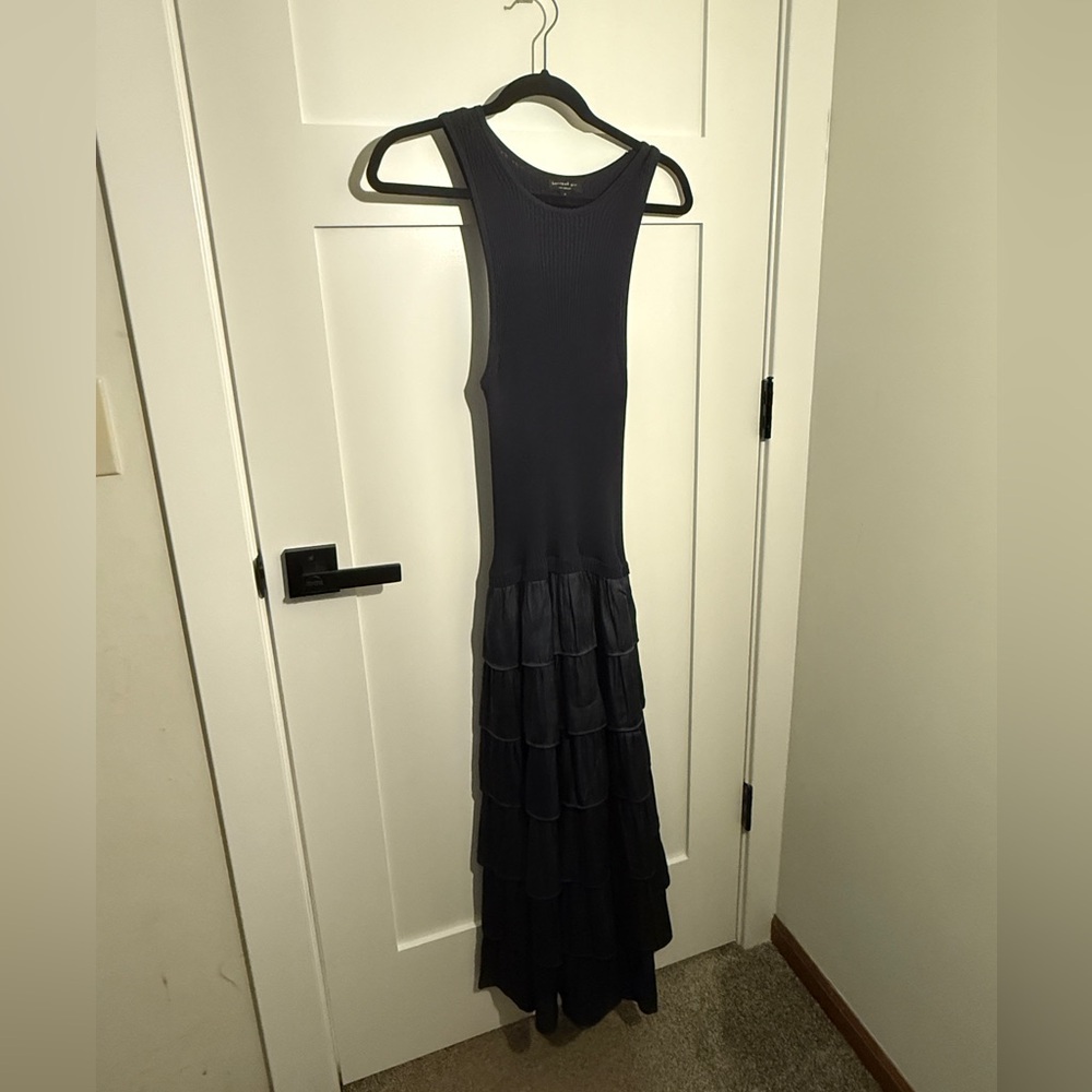 Anthropologie Current Air Black Ribbed Ruffle Tiered Midi Dress Medium Edgy